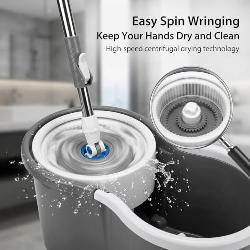 Spin Mop and Bucket System, 360° Rotating Wet & Dry Mop with Stainless Steel Handle, Includes 4 Washable Microfiber Mop Heads, Self-Wringing Floor Cleaning Set for Hardwood, Tile, Laminate