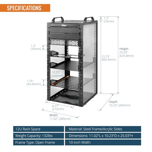 Tecmojo 12U Network Rack, 10 inch Mini Server Rack with 2 Side Translucent Panels & 2 Top Handles, 10.23 inch Deep, for 10 inch IT Equipment & A/V Devices, Black - size: 12U/10in/Black