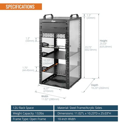 Tecmojo 12U Network Rack, 10 inch Mini Server Rack with 2 Side Translucent Panels & 2 Top Handles, 10.23 inch Deep, for 10 inch IT Equipment & A/V Devices, Black - size: 12U/10in/Black