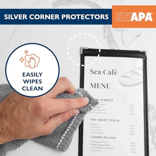 Ilyapa 30 Pack of Menu Covers 4.25 x 11 - Single Page, 2 View, Restaurant Menu Covers, 4.25x11 Clear Plastic Sleeves, Transparent Viewing Surfaces - color: Black, size: 4.25 x 11