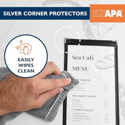Ilyapa 30 Pack of Menu Covers 4.25 x 11 - Single Page, 2 View, Restaurant Menu Covers, 4.25x11 Clear Plastic Sleeves, Transparent Viewing Surfaces - color: Black, size: 4.25 x 11