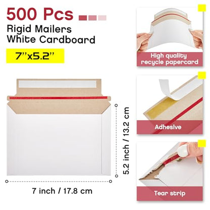 Affrolling 500 Pcs Rigid Photo Mailers Self-adhesive, 7 x 5.2 Inch, White