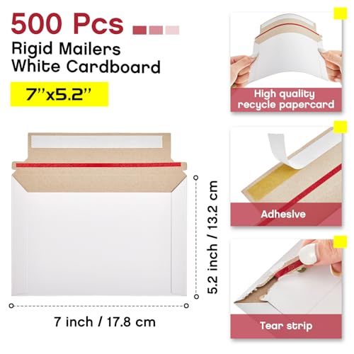 Affrolling 500 Pcs Rigid Photo Mailers Self-adhesive, 7 x 5.2 Inch, White