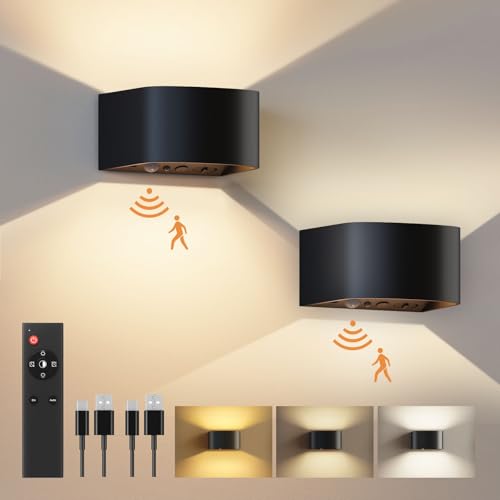 FULEN Motion Sensor Wall Light with Remote Control 3 Colors Wireless Wall Lamp LED Indoor Up and Down Wall Sconce 5000mAh Rechargeable Battery Powered Wall Lamps Brightness Adjustable, 2 Pack - color: Black - 2 Pack