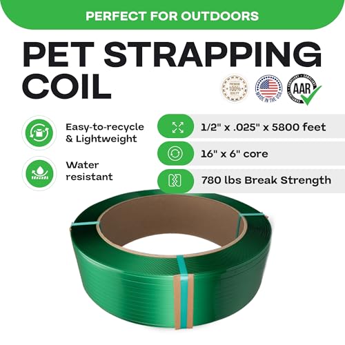 IDL Packaging 1/2" x .025" x 5800' Polyester (PET) Strapping Roll of 16" x 6" Core Size, 780 lbs Break Strength - UV, Water, and Rust Resistance - Affordable and Lightweight Poly Strapping - size: 1/2W" x 5800L' (780 lbs BS)