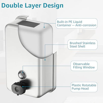 Commercial Wall Mount Soap Dispenser - Stainless Steel Bathroom Hand Soap 38.8oz Liquid - Anti-Leak Pump and Large Capacity Brushed Refillable - size: Vertical 38.8oz
