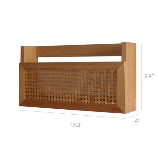 Wall Magazine Rack with PE Rattan Grid,Size 17.3" x 4" x 9.4",File Holder For Entryway,Living Room,Waiting Room,Kids’ room,Office(Retro Brown)