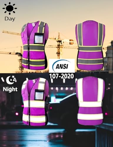 Safety Vest for Women High Visibility Vest with 8 Pockets and Front Zipper Mesh Reflective Vest Meets ANSI/ISEA Standards(Purple-17, Large) - color: Purple-17, size: Large
