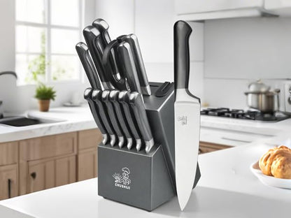 15-Piece Gray Kitchen Knife Set with Block and Sharpener, Dishwasher Safe - color: Gray