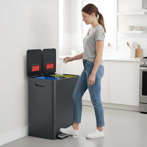 iTouchless 2x8 Gallon Dual Step Recycle Trash Can with Lid | 2X Odor Filter - color: Gunmetal Gray, 16 Gal