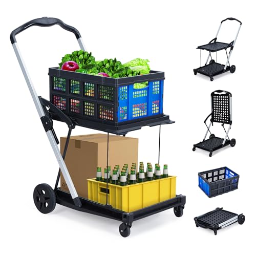 2-Tier Folding Shopping Cart for Groceries & 360° Swivel Wheels | Foldable Collapsible & Lightweight | Perfect for Groceries Laundry Utility Cart - color: Blue