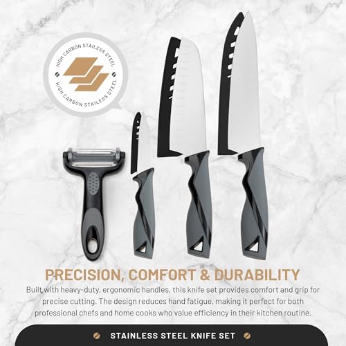 DFACKTO 7-Piece Kitchen Knife Set with Vegetable Peeler without Block – Stainless Steel Knives for Kitchen, Dishwasher Safe Cooking Knife Set with Covers, Sharp Cutting Knives for Cooking – Black Gray - color: Gray