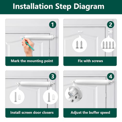 Screen Door Closer, 1Set Pneumatic Storm Door Closer, White