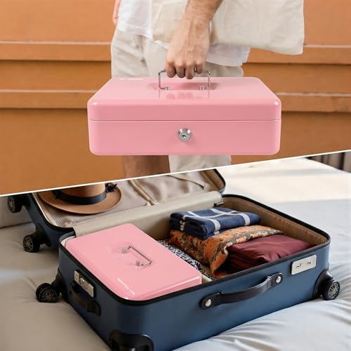 Locking Cash Box with Key Lock and Money Tray, Money Box, Lock Safe Box, Cash Money Lock Safe Box for Cash Register 11.8"x9.45"x3.54" (Pink Key) - color: Pink Key