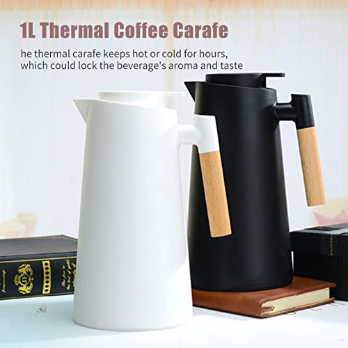 1L Thermal Carafe Double Walled Vacuum Coffee Pot Thermal Pot with Wood Handle Water Kettle Insulated Flask Tea Carafe Keeping Hot Cold (White) - color: White