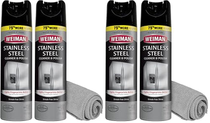 Weiman Stainless Steel Cleaner & Polish Streak-Free Shine - For Refrigerators, Oven, Dishwasher, Stove - 4 Pack Aerosol Spray with Microfiber Cloth Included - size: 34 Ounce (Pack of 2)
