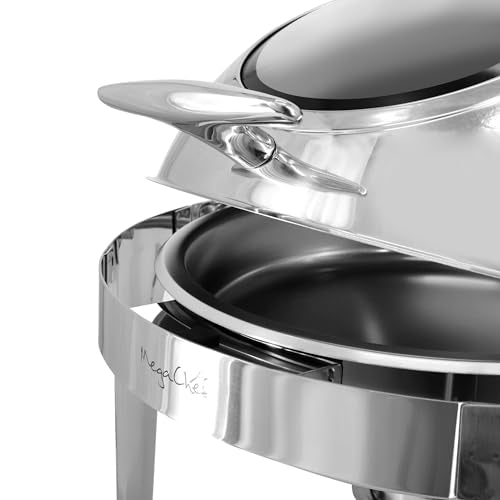 MegaChef 6.3 Quart Round Stainless Steel Professional Chafing Dish/Food Warmer/Buffet Server Serving Trays w/Roll Top & View Window for Entertaining/Catering/Large Gatherings (6.3 Quart w/Window) - size: 6.3 Quart w/Window