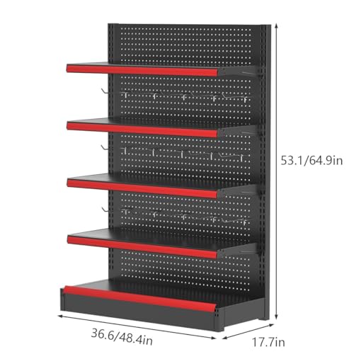 5-Tier Retail Gondola Shelving Unit with 15 Hooks, Heavy Duty Adjustable Store Display Rack, Metal Gondola Shelf for Grocery, Convenience Store, Liquor & Retail Shop(LxWxH 48x17x53in) - size: LxWxH 48x17x53in