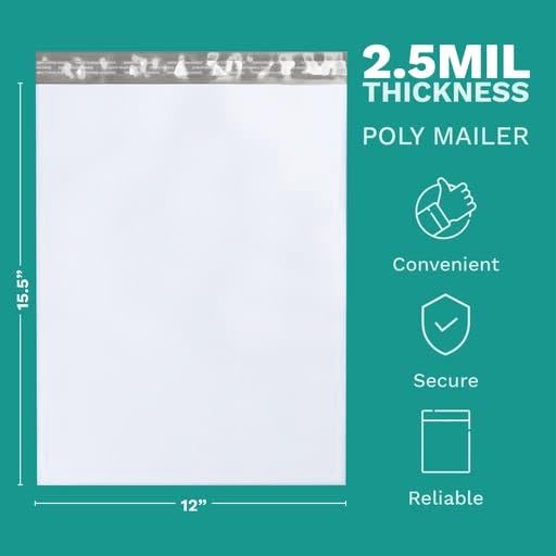 12"x15.5" Large Poly Mailers, 500 Pack, 2.5 Mil, White Self Seal Waterproof - size: 12" x 15.5"