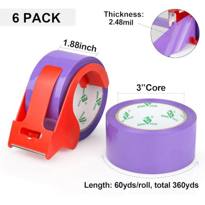 BOMEI PACK 6 Rolls Purple Heavy Duty Packing Tape,1.88 Inches x 60Yards - color: purple