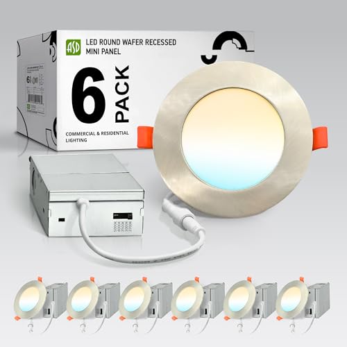 ASD 6 Pack LED Recessed Lighting 4 Inch 9W, 5 CCT 2700K-5000K CRI90+, IC Rated Ultra Thin Dimmable Ceiling Lights with J Box, Canless Wafer Downlight, Round Slim Panel Light, Energy Star ETL, Nickel - color: Nickel, size: 4 Inch 6 Pack