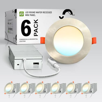 ASD 6 Pack LED Recessed Lighting 4 Inch 9W, 5 CCT 2700K-5000K CRI90+, IC Rated Ultra Thin Dimmable Ceiling Lights with J Box, Canless Wafer Downlight, Round Slim Panel Light, Energy Star ETL, Nickel - color: Nickel, size: 4 Inch 6 Pack