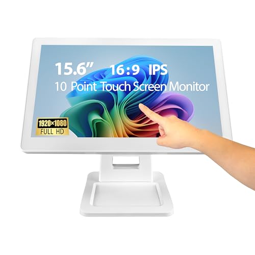 ANGEL POS 15.6 Inch 1920 x 1080 FHD IPS Touchscreen POS Monitor with Metal Stand, 10 Points Touch HDMI VGA, Waterproof Dustproof Screen 1080P, Indusitrial, Office, Retail, Gym, Warehouse (White) - color: White