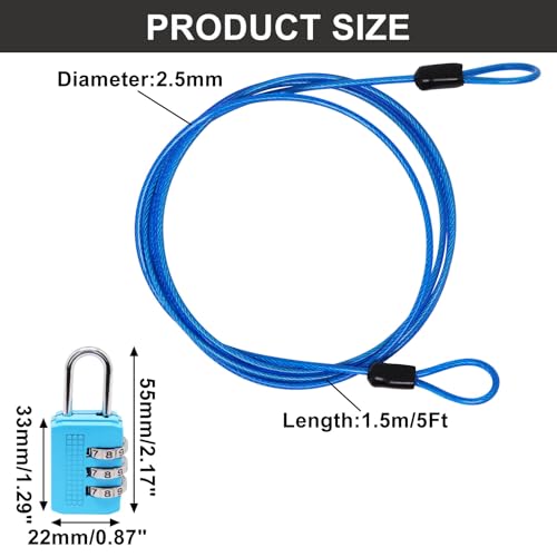Cable Lock Double Loops 5Ft Long Blue Security Cable with Lock, Bike Locks Cables 2.5mm Braided Steel Coated Safety Cables Wire for Luggage, Outdoor, Clothesline (4 Pack) - color: Blue, size: 5Ft (4 Pack)