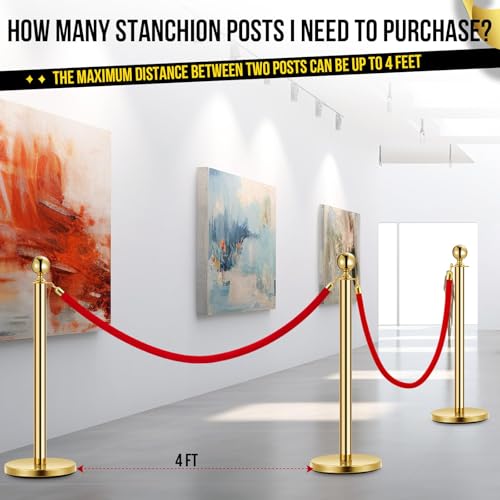 2 PCs Gold Stanchion Posts with 5ft Red Velvet Ropes, Stainless Steel Retractable Barrier Set, Crowd Control Barriers for Events, Parties, Theaters, Museums (2 Posts & 1 Ropes)