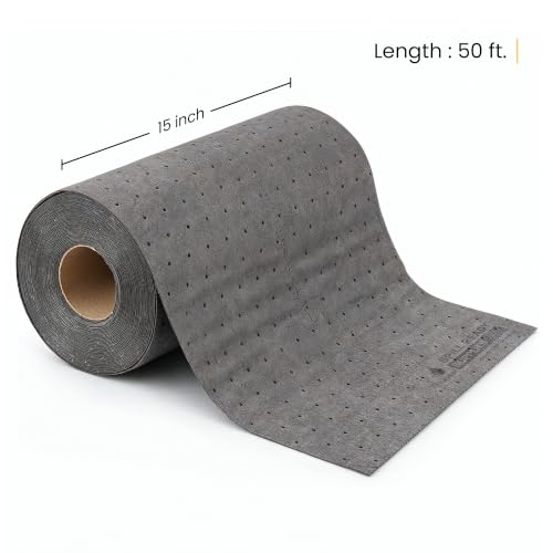 (6 Rolls) Universal Absorbent Mat Roll 15" x 50' - Absorbs Up to 6 gal. per roll, Perforated Industrial Sorbent Mat Roll for Oil, Coolant & Water - Gray Absorbent Pad for Shops - color: 15" x 50' Standard Roll, size: 6