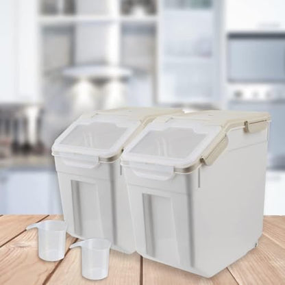 Large Flour Storage Container 25lb, 4 Pack Airtight Rice Storage Containers with Wheels Seal Locking Lid, Measuring Cup, Scoop, BPA Free Dry Food Bin for Sugar, Beans, Grain - Grey - color: 4Pcs 25LB Grey