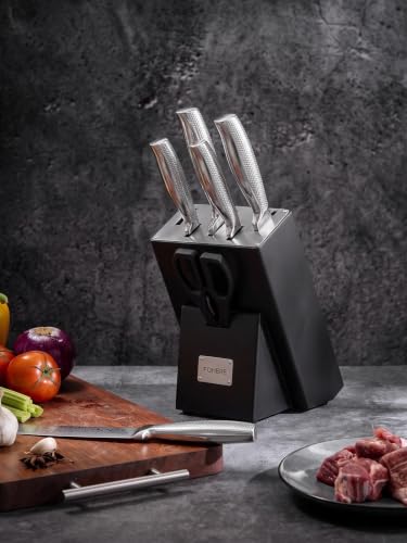 Knife Set, FOHERE 7 Pieces Kitchen Knife Set with Built-in 5 x Sharpeners, Waved Texture Knife Set with Block, Stainless Steel Knife Block Set, Sharp Knives Set with Ergonomic Handle - size: 7