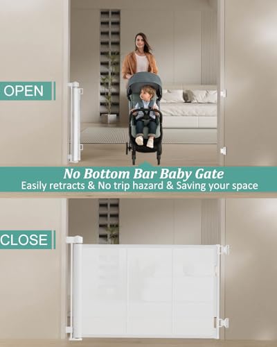 Miumoon 71 inch Reinforced Retractable Baby Gates 34 inch Tall - color: White, size: 34" Tall x 71" Wide
