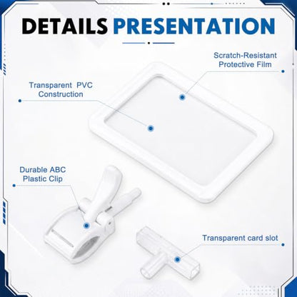 Maitys 12 Pack White Acrylic Clip on Sign Holder with Clamp Double Head Display Clips with PVC Card Protector A6 Rotating Sign Price Tag Clip on Display for Handrails Clothing Rack Booth