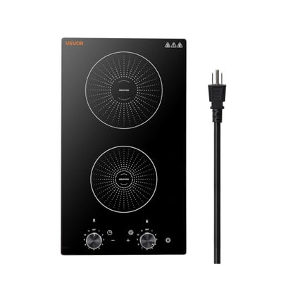 VEVOR 12 Inch Induction Cooktop 2 Burners,Built-in Electric Stove Top,Knob Control,Ceramic Glass Surface,Low-Power Continuous Heating,11 Power Levels,Child Lock,1800W,110V No Plug - size: 12IN-knob