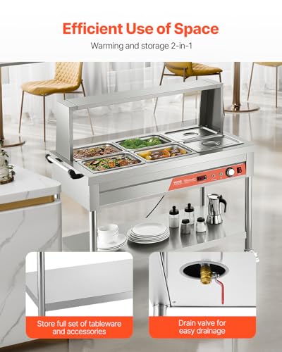 VEVOR 6-Pan Commercial Food Warmer, 6 x 1/2 Pans Electric Steam Table, 1500W Professional Buffet Catering Food Warmer with Shield Undershelf Wheels, Stainless Steel Server for Party Restaurant - size: 6*1/2 Pans