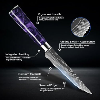SENKEN Professional 6-Piece Steak Knife Set with Engraved Damascus Pattern, Razor Sharp Blade, High Carbon Steel with Gift Box (Purple) - color: Amethyst Purple
