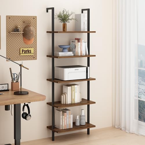 Karl home Rustic Brown 5 Tier Wall Mount Ladder Shelf, Metal Frame Bookcase - color: Rustic Brown