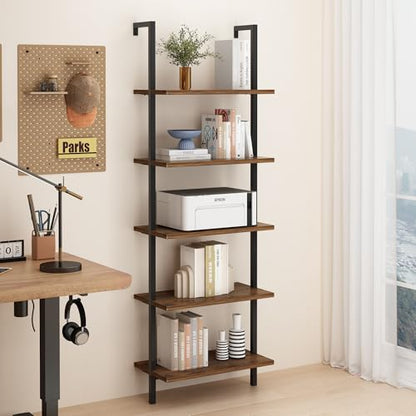Karl home Rustic Brown 5 Tier Wall Mount Ladder Shelf, Metal Frame Bookcase - color: Rustic Brown