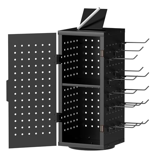 Alyoen Rotating Pegboard Display Stand With 24 Hooks - Metal Spinning Peg Board Organizer Accessories with Magnetic Door Design, Magnet Display Stand for Keychain, Jewelry, Earring（Black） - color: Pure Black