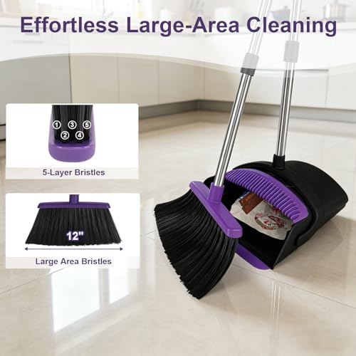 Broom and Dustpan Set, 51" Long Handle Broom with Built-in Comb - Purple - color: Purple, size: Standard