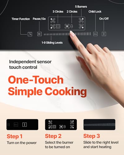 VEVOR Built in Electric Stove Top, 30 inch 5 Burners Ceramic Cooktop, 240V Glass Radiant Cooktop with Sensor Touch Control, Timer & Child Lock Included, 9 Power Levels for Simmer Steam Slow Cook Fry - size: 30 IN-5 Burner+Touch Control