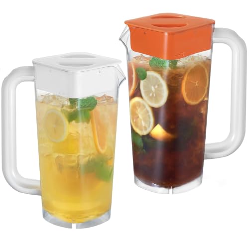 CURTA 2 Pack 2 Liters/68 oz Plastic Pitcher with Lid & Handle for Kitchen,ICED JUICE and Coffee Carafe Beverage Serveware, Acrylic Water Jug for Hot/Cold Drinks&lemonade - color: White & Orange