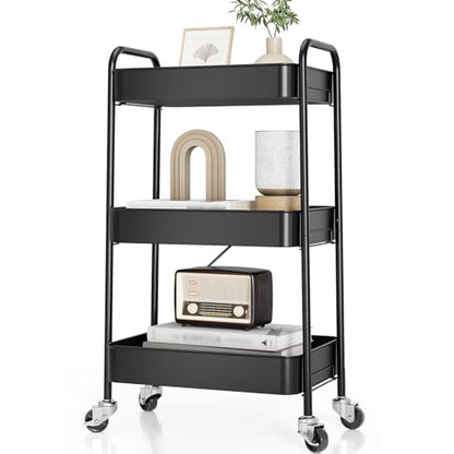 TOOLF 3 Tier Metal Rolling Cart, Utility Storage Cart with Wheels, Black - color: Black, size: 3-Tier