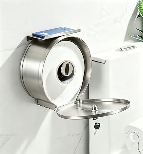 Commercial Jumbo Toilet Paper Dispenser with Shelf, Brushed Stainless Steel Toilet Paper Holder Wall Mount, 9 Inch Bathroom Tissue Roll Dispenser with Lock Key - color: Brushed Silver With Shelf