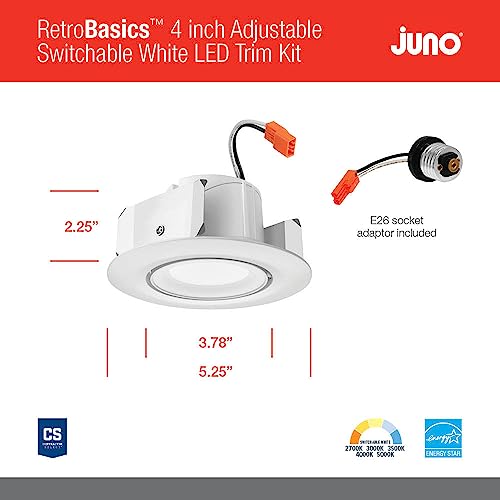 Juno 4 Inch Adjustable LED Recessed Lighting, RetroBasics Series Adjustable Gimbal LED Downlight Trim Kit, 4" Ceiling Light with 5-in-1 Switchable White Color, 700 Lumens, Matte White - color: Switchable White, size: 4-Inch, style: Standard | Adjustable |