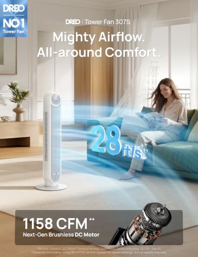 DREO Smart Tower Fan for Bedroom, 28ft/s Velocity, 8 Speeds Ultra Quiet Fan - color: Pearl White, size: 36 inch