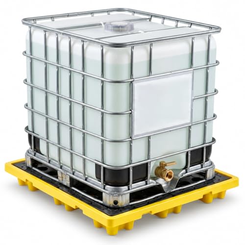 BreezeHug IBC Spill Containment Pallet with Drain, IBC Tote Secondary Containment Sump Pallet, 45 Gallon Capacity, Heavy Duty Hdpe Spill Tray 8818 Lbs Load, 51.2 x 51.2 x 6.7 Inch, Yellow