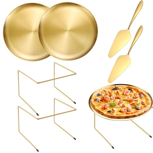 GRETJOB 6 Pcs Pizza Pan Riser Stand Set, 2 Metal Pizza Table Stands + 2 Nonstick Pizza Pans + 2 Pie Servers, Gold Pizza Rack & Tray for Baking, Dessert, Cheese, Party, and Restaurant Use (Gold 2Pcs) - color: Gold 2Pcs