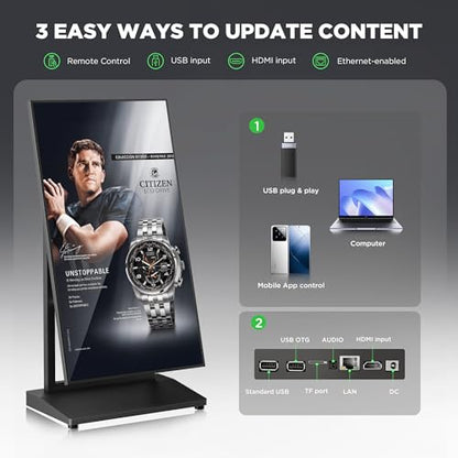 43 Inch Digital Signage Display, Screen LCD Advertising Kiosk, Portable Floor Standing Auto Ad Player Android OS App-Based Control with USB/HDMI/WiFi - size: 43"
